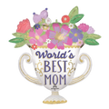Gold floral World's Best Mom balloon trophy with colorful flowers for Mother's Day from Parte Haus party supply store in Bethesda Maryland