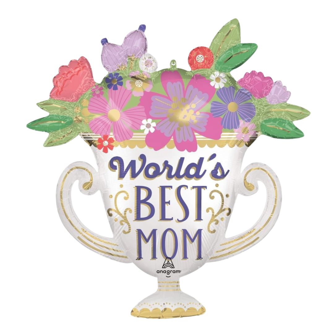Gold floral World's Best Mom balloon trophy with colorful flowers for Mother's Day from Parte Haus party supply store in Bethesda Maryland