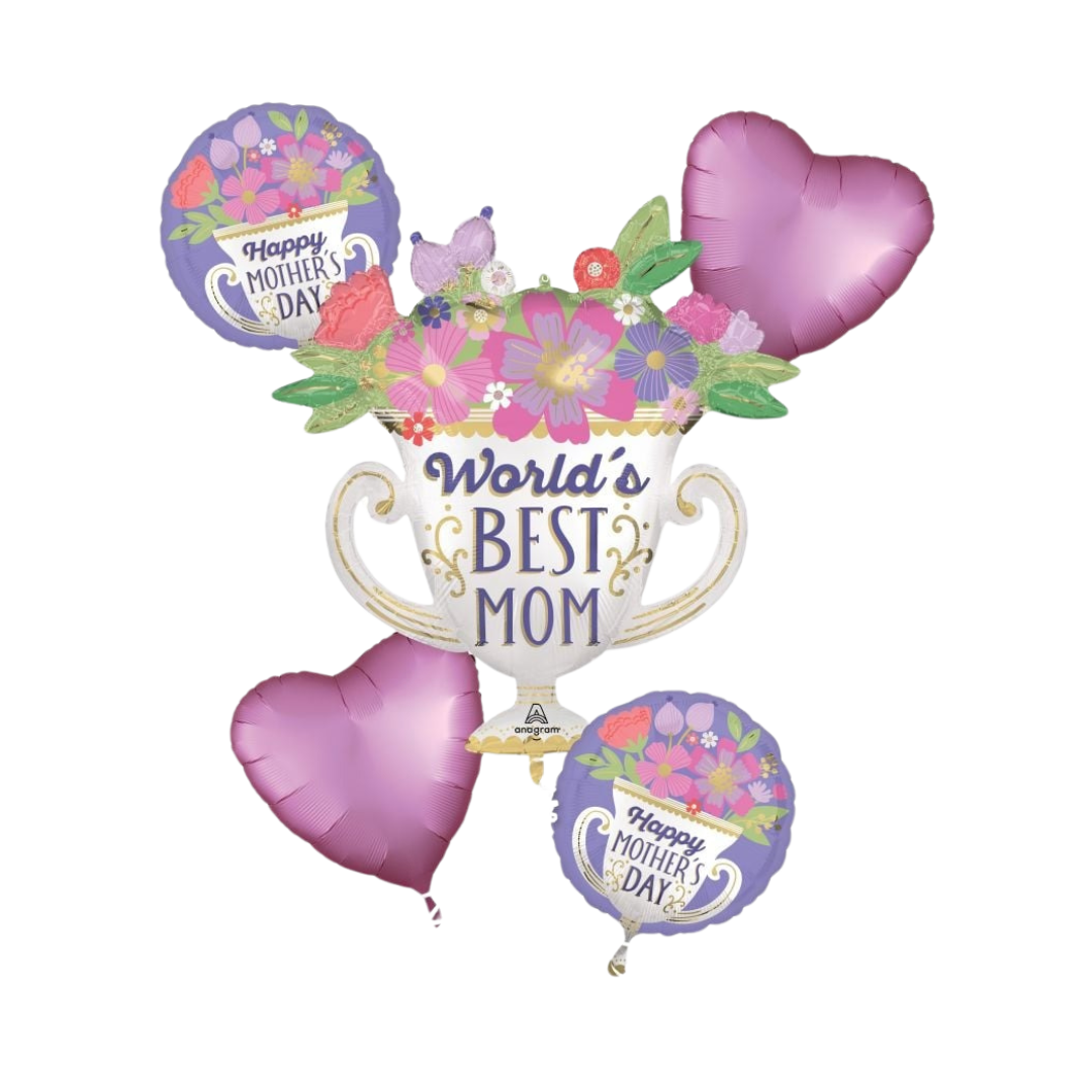 Purple and floral Mother's Day balloon bouquet with trophy cup from Parte Haus party supply store in Bethesda Maryland
