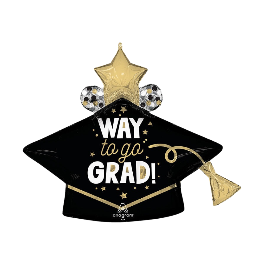 Black and gold graduation cap balloon that says way to go grad graduation theme from Parte Haus party supply store in Bethesda MD