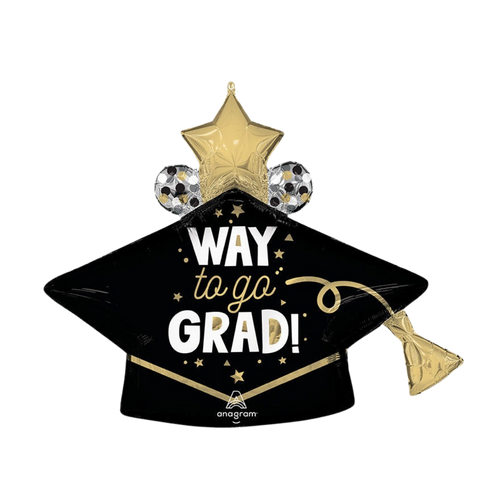 Black and gold graduation cap balloon that says way to go grad graduation theme from Parte Haus party supply store in Bethesda MD