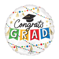 white round Congrats Grad balloon with colorful letters graduation theme from Parte Haus party supply store in Bethesda MD