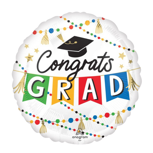 white round Congrats Grad balloon with colorful letters graduation theme from Parte Haus party supply store in Bethesda MD