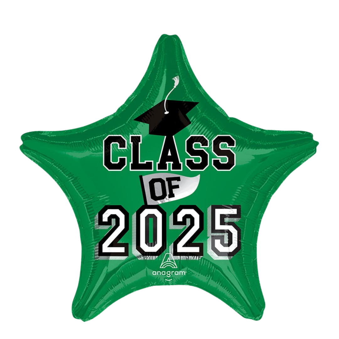 Green star balloon with class of 2025 text and graduation cap graduation theme from Parte Haus party supply store in Bethesda MD