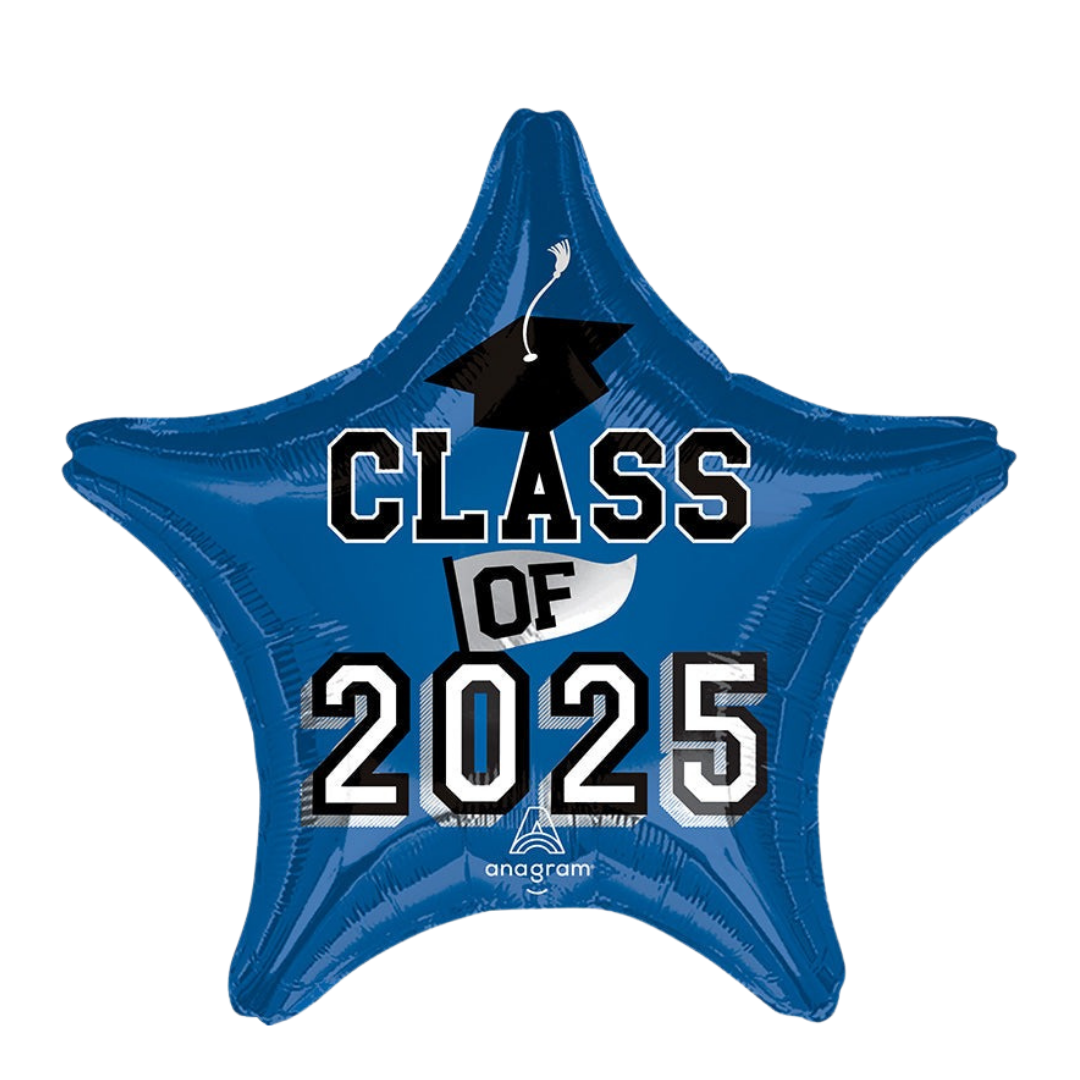 Blue star graduation balloon with class of 2025 and cap for graduation from Parte Haus party supply store in Bethesda MD