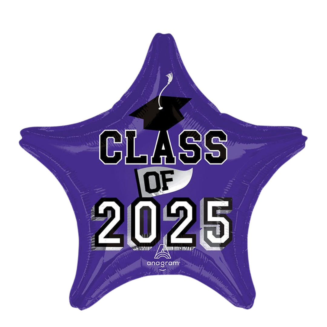 Purple star shaped graduation balloon with cap design for Class of 2025 from Parte Haus party supply store in Bethesda Maryland