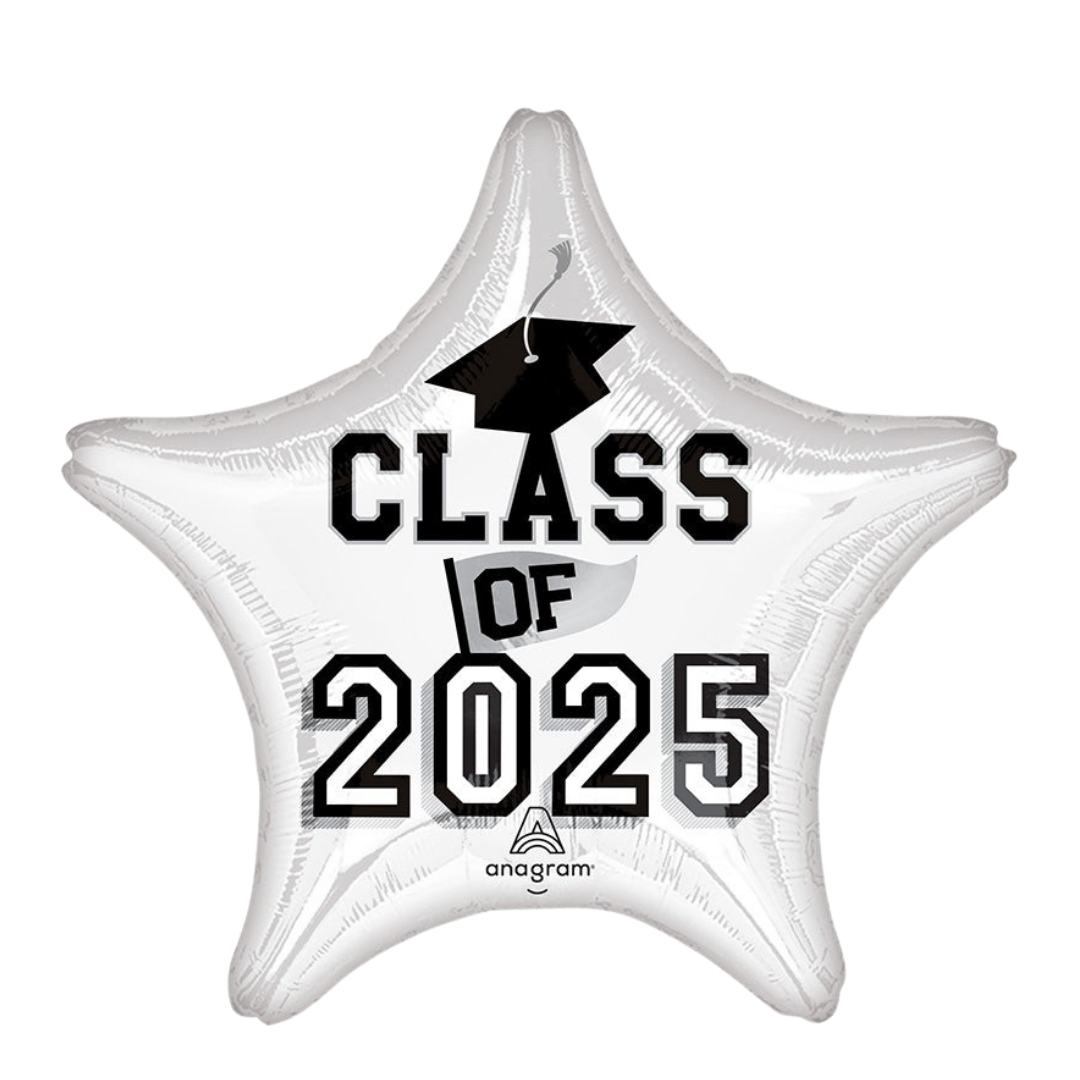 Silver star balloon with Class of 2025 and graduation cap for graduation from Parte Haus party supply store in Bethesda Maryland