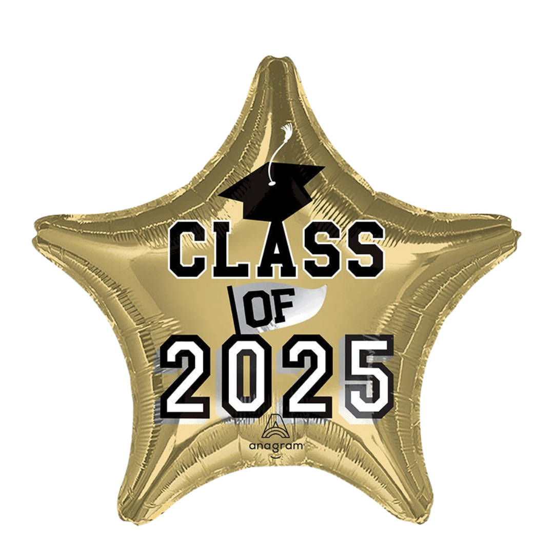 Gold star graduation balloon with class of 2025 text from Parte Haus party supply store in Bethesda MD