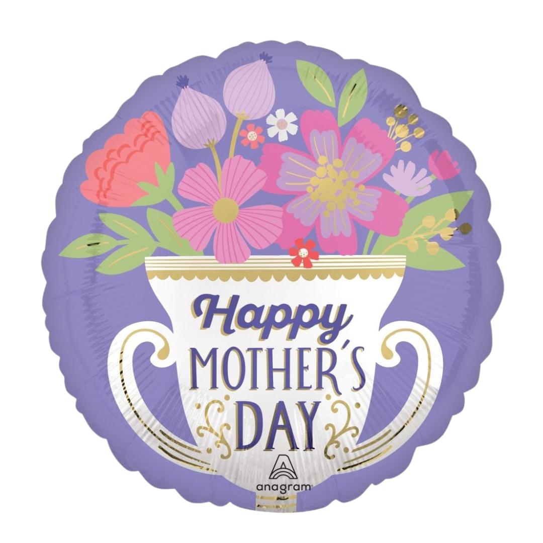Lavender Mother's Day balloon with teacup and colorful flowers from Parte Haus party supply store in Bethesda MD