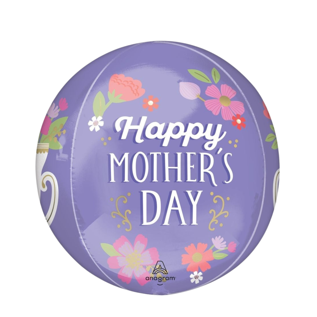 Purple round Mother's Day balloon with pastel floral design from Parte Haus party supply store in Bethesda MD