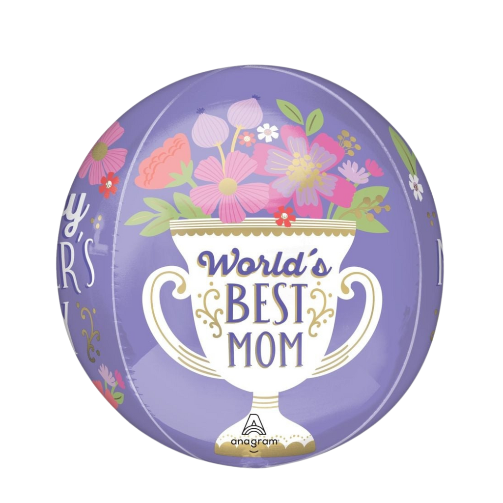 Purple Mother's Day balloon with floral trophy design from Parte Haus party supply store in Bethesda, Maryland