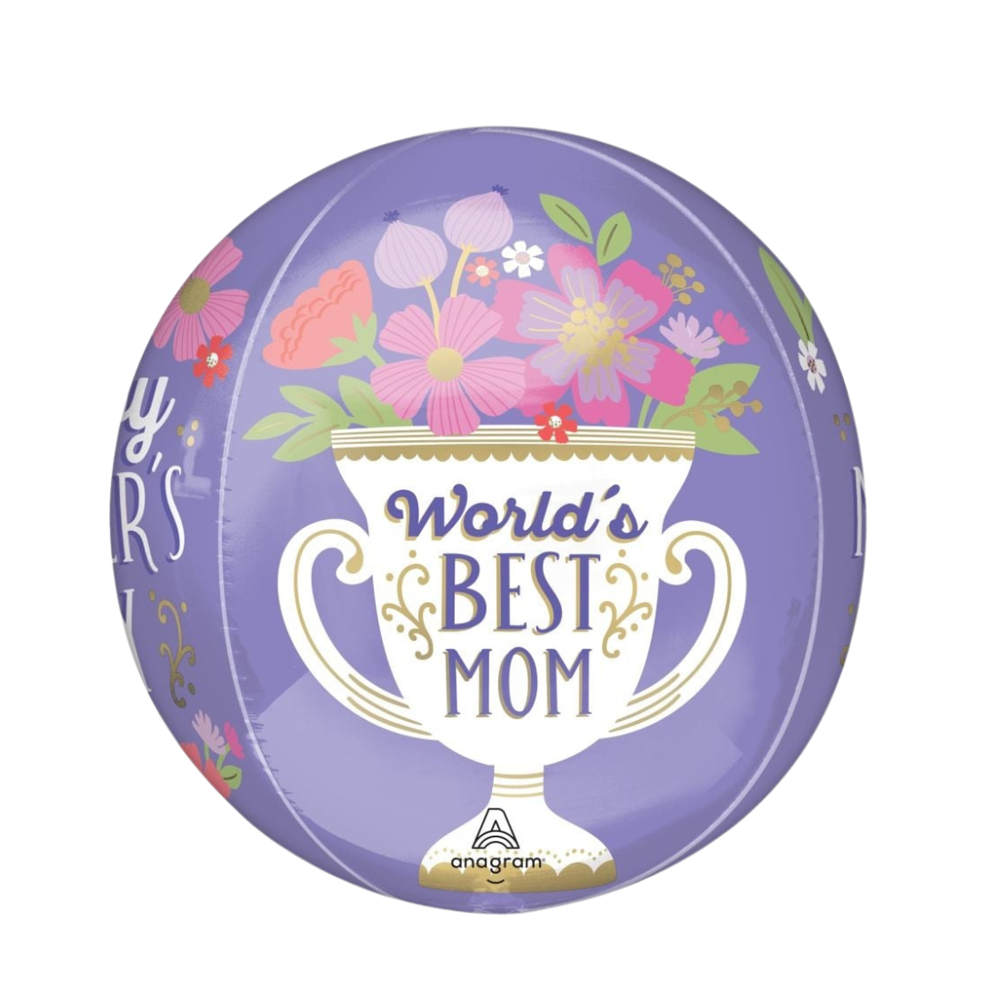 Purple Mother's Day balloon with floral trophy design from Parte Haus party supply store in Bethesda, Maryland