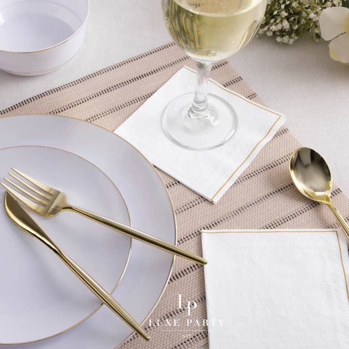 White and gold plate set elegant modern tableware wedding theme from Parte Haus party supply store in Bethesda MD