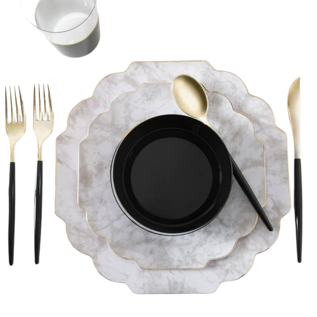 Marble and black dinnerware with gold cutlery elegant table setting from Parte Haus party supply store in Bethesda MD