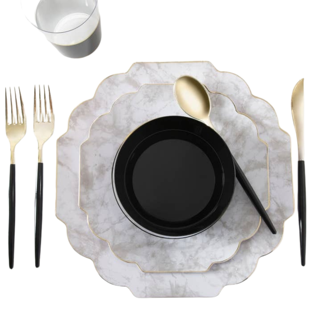 Marble and black dinnerware with gold cutlery elegant table setting from Parte Haus party supply store in Bethesda MD