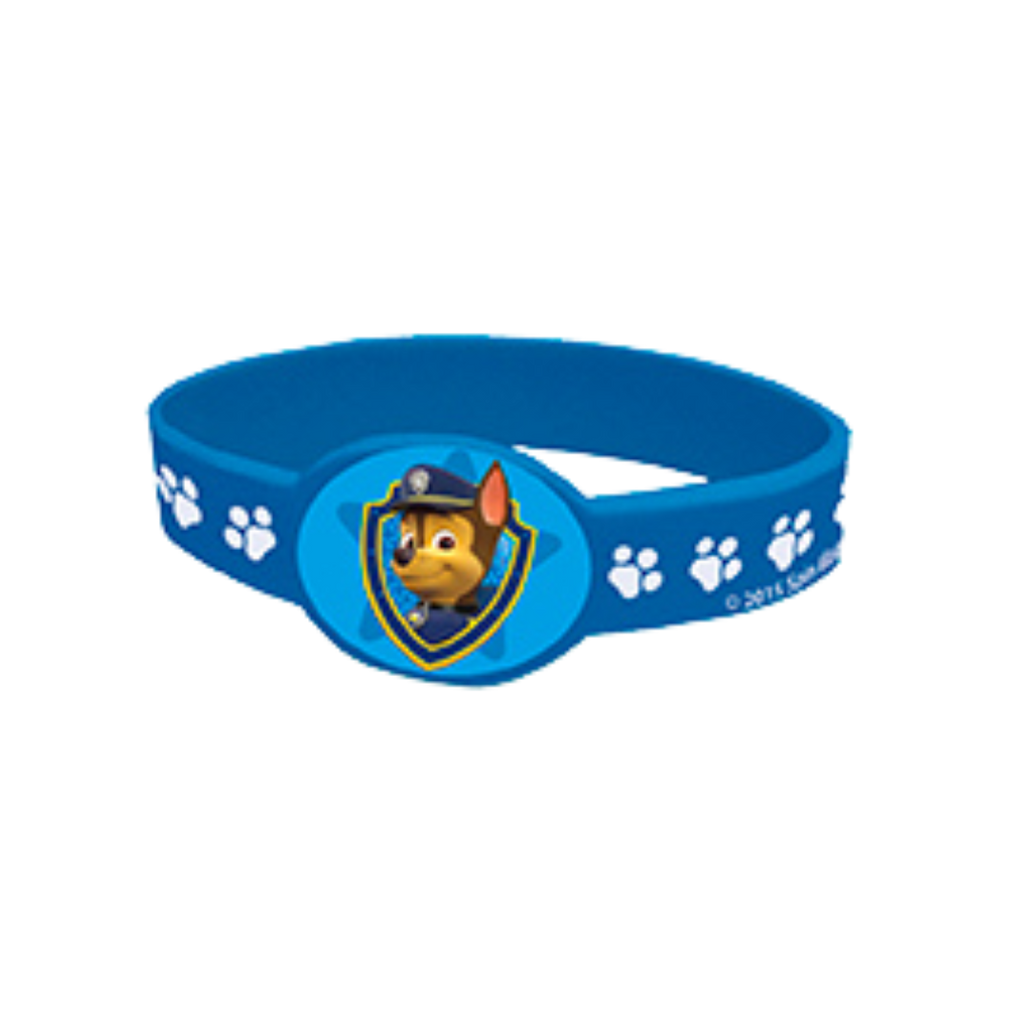 Blue Paw Patrol wristband with puppy paw prints for kids birthday from Parte Haus party supply store in Bethesda MD.