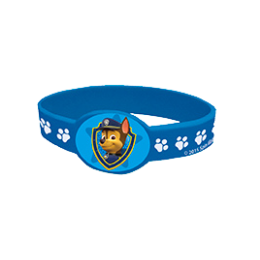 Blue Paw Patrol wristband with puppy paw prints for kids birthday from Parte Haus party supply store in Bethesda MD.