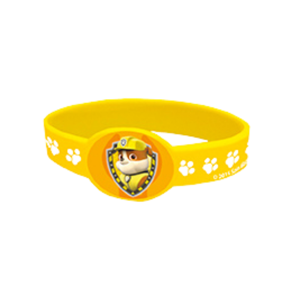 Yellow Paw Patrol wristband with cartoon shield badge for kids birthday from Parte Haus party supply store in Bethesda MD