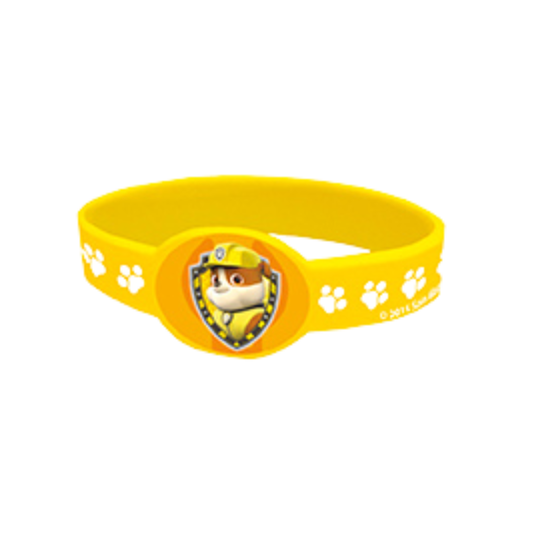 Yellow Paw Patrol wristband with cartoon shield badge for kids birthday from Parte Haus party supply store in Bethesda MD