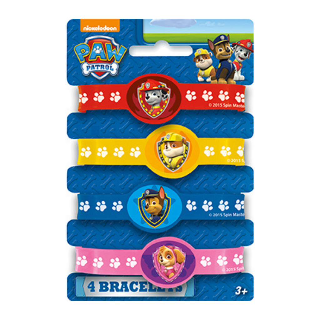 Red yellow blue and pink Paw Patrol character bracelets kids birthday theme from Parte Haus party supply store in Bethesda MD