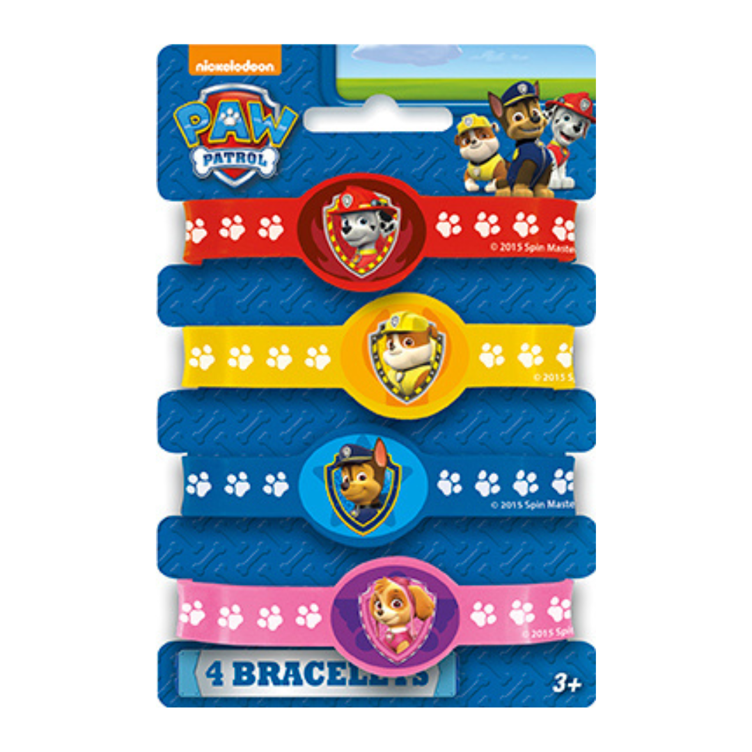Red yellow blue and pink Paw Patrol character bracelets kids birthday theme from Parte Haus party supply store in Bethesda MD
