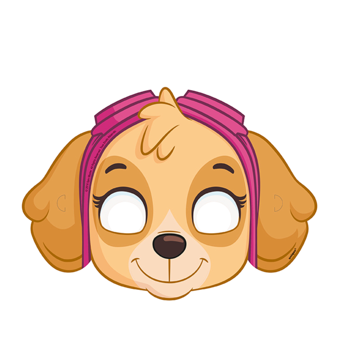 Tan pink puppy face mask cartoon design for kids birthday from Parte Haus party supply store in Bethesda MD