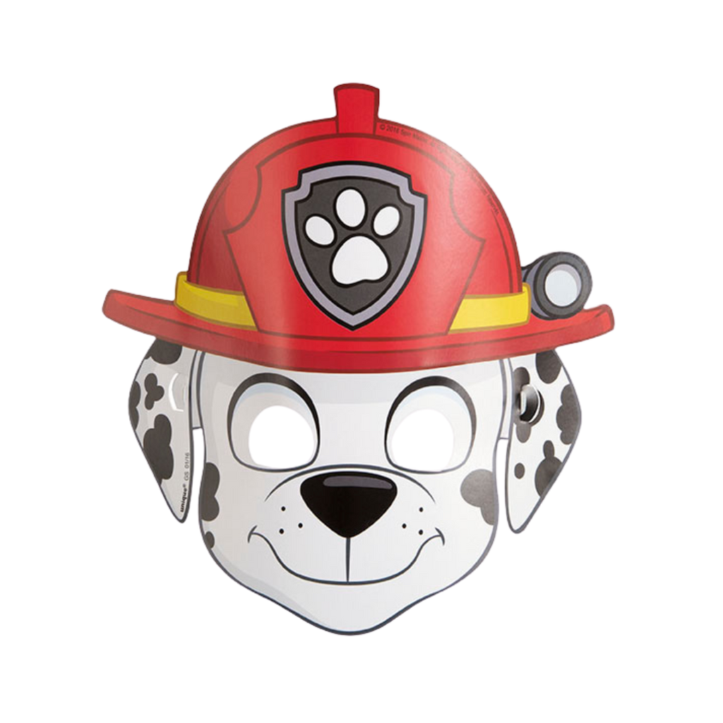 Red and white firefighter dog mask with black spots for kids Paw Patrol birthday from Parte Haus party supply store in Bethesda MD