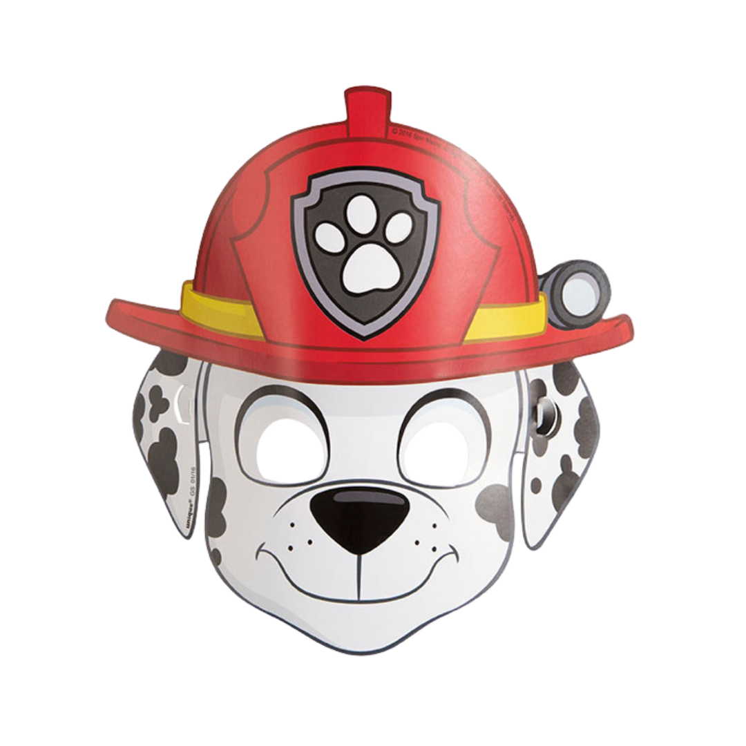 Red and white firefighter dog mask with black spots for kids Paw Patrol birthday from Parte Haus party supply store in Bethesda MD