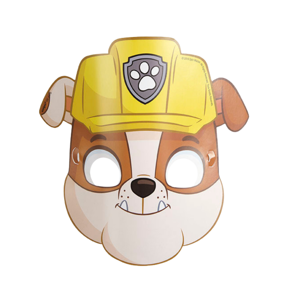 Yellow brown dog face mask with construction helmet cartoon for kids birthday from Parte Haus party supply store in Bethesda MD