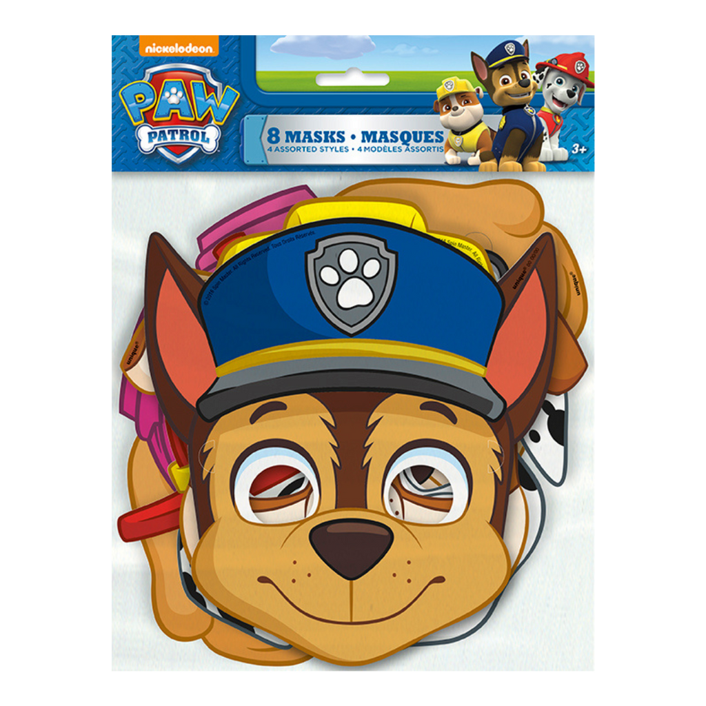Multicolor Paw Patrol paper masks with cartoon puppy faces for kids birthday from Parte Haus party supply store in Bethesda MD.