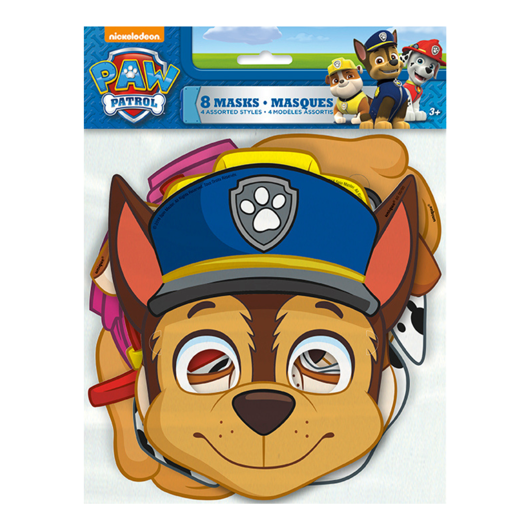 Multicolor Paw Patrol paper masks with cartoon puppy faces for kids birthday from Parte Haus party supply store in Bethesda MD.