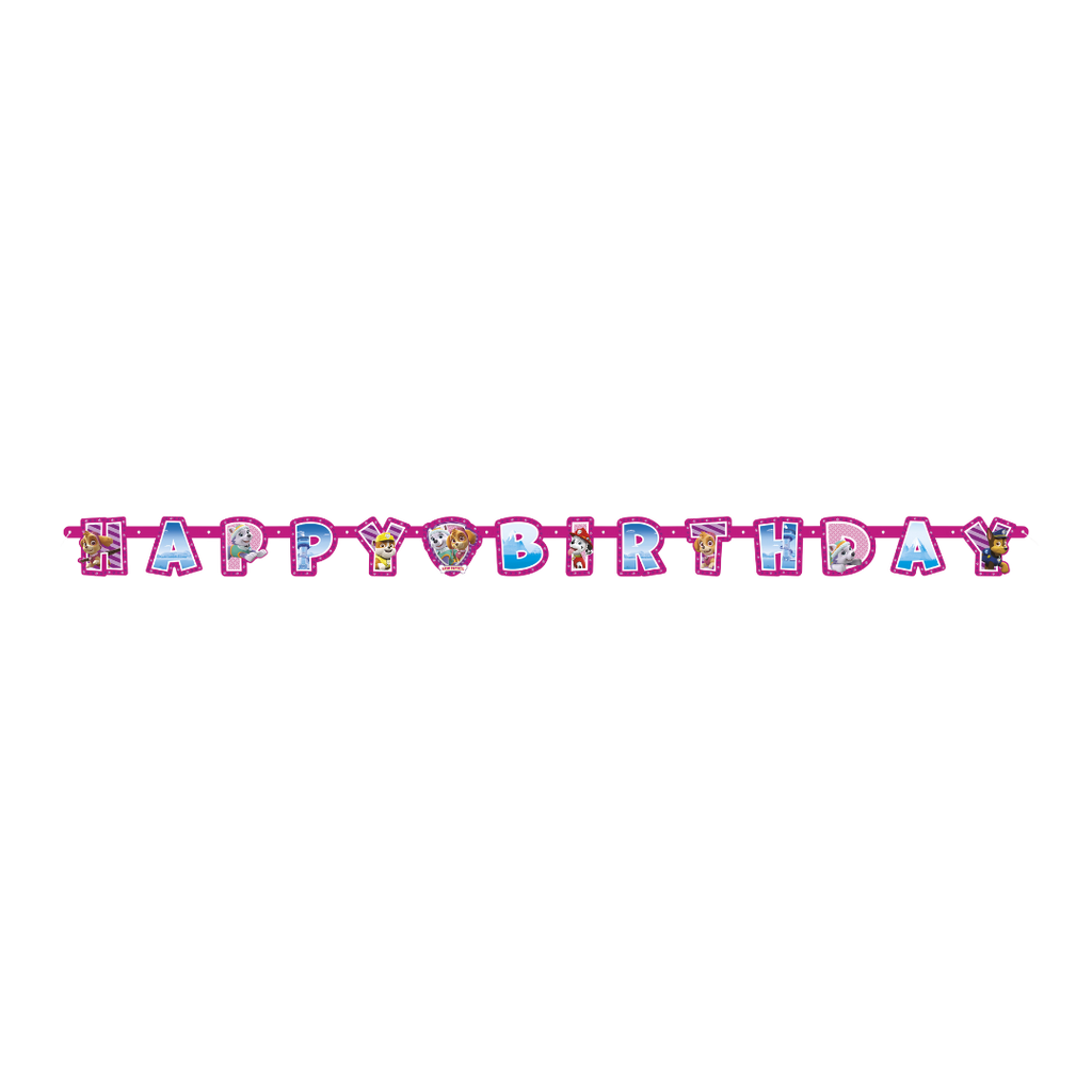pink Paw Patrol happy birthday banner with cartoon dogs for birthday party from Parte Haus party supply store in Bethesda MD