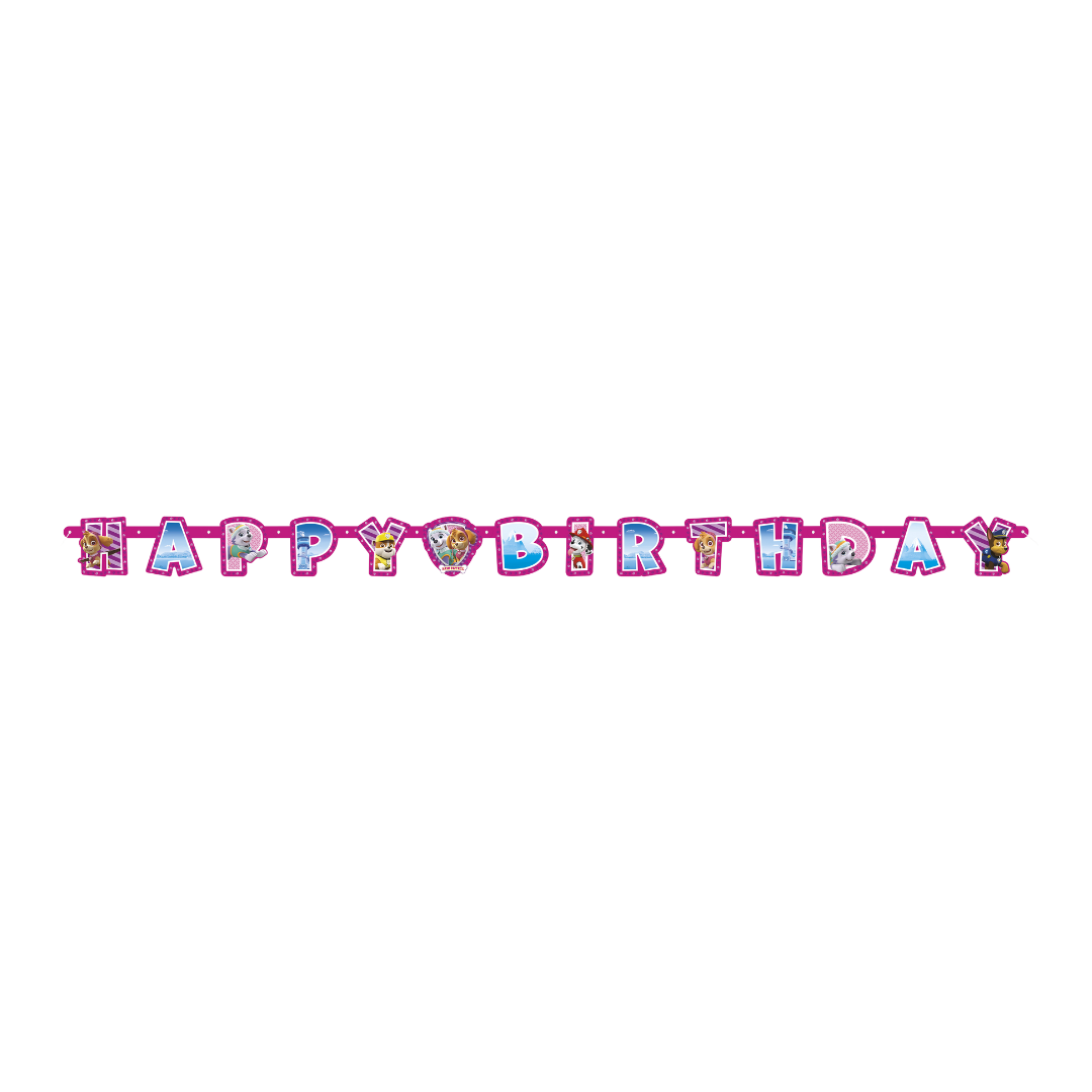 pink Paw Patrol happy birthday banner with cartoon dogs for birthday party from Parte Haus party supply store in Bethesda MD