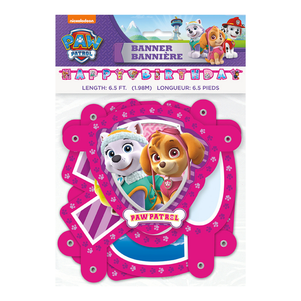 Pink Paw Patrol birthday banner featuring cartoon puppies for kids party theme from Parte Haus party supply store in Bethesda MD.