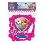 Pink Paw Patrol birthday banner featuring cartoon puppies for kids party theme from Parte Haus party supply store in Bethesda MD.