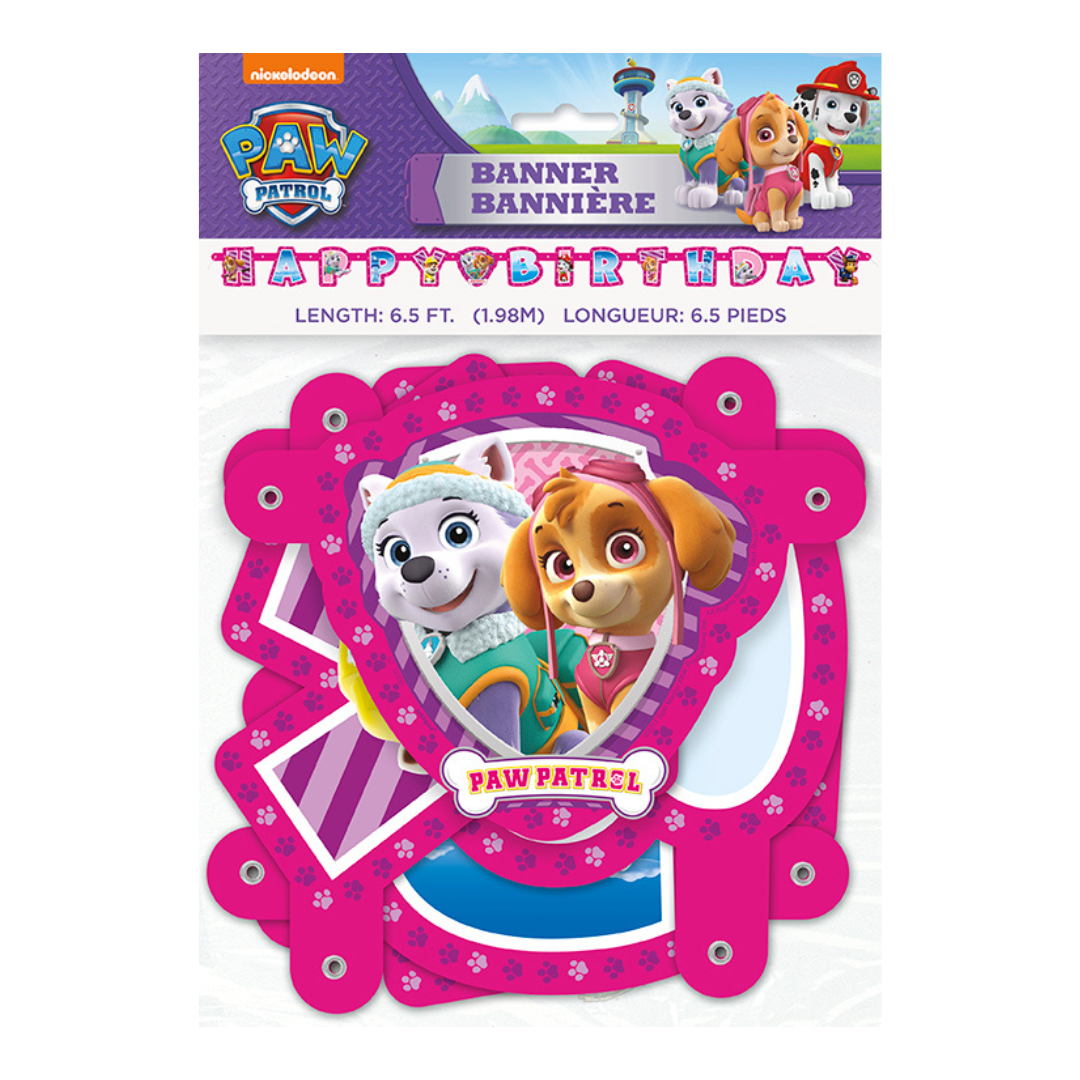 Pink Paw Patrol birthday banner featuring cartoon puppies for kids party theme from Parte Haus party supply store in Bethesda MD.
