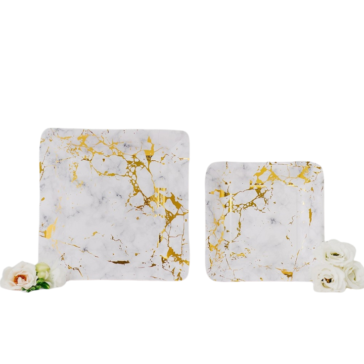 White and Gold Marbled Square Small Appetizer Dessert Paper Plates