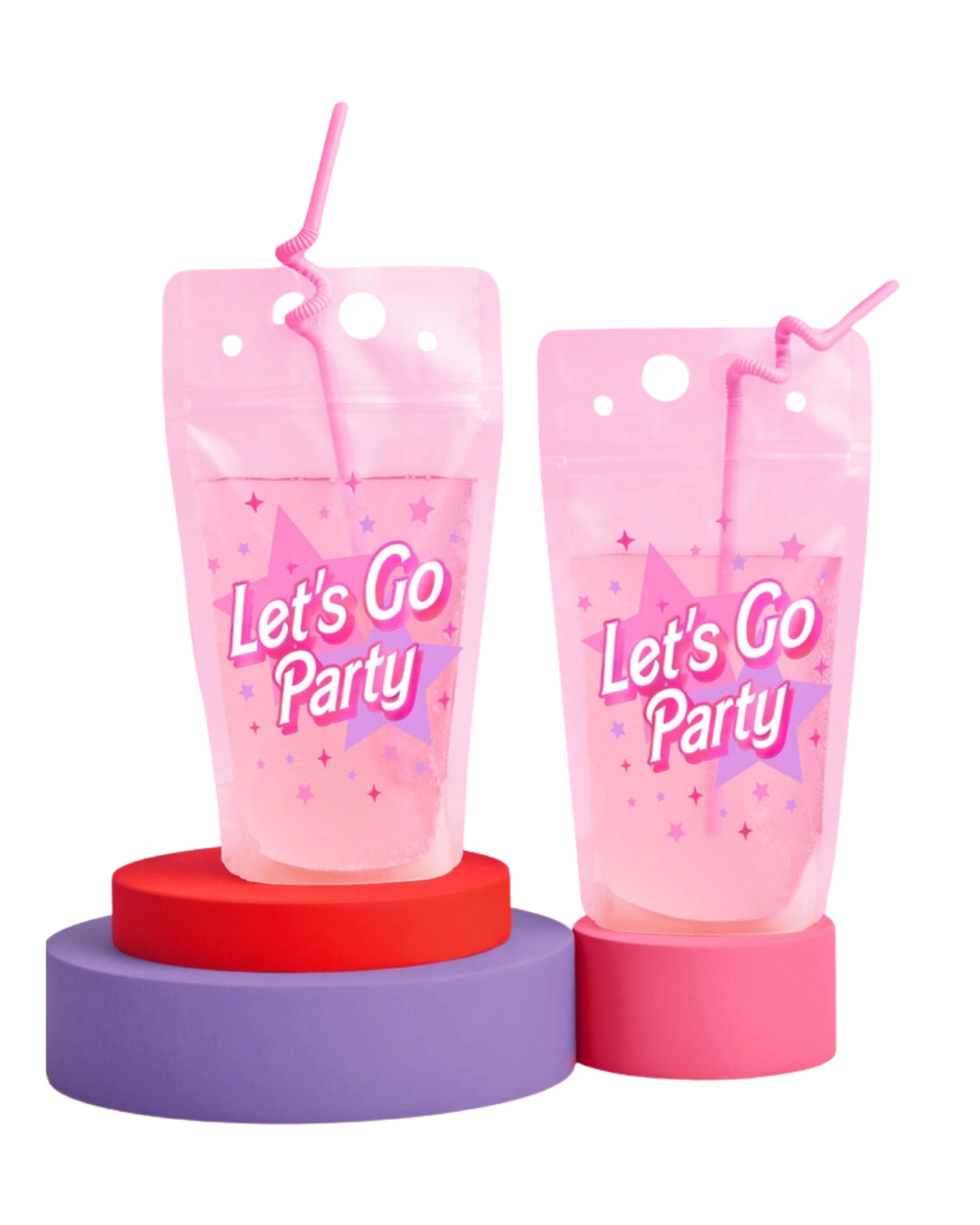 Pink "Let's Go Party" Barbie Birthday Drink Pouches with Twirly Straws