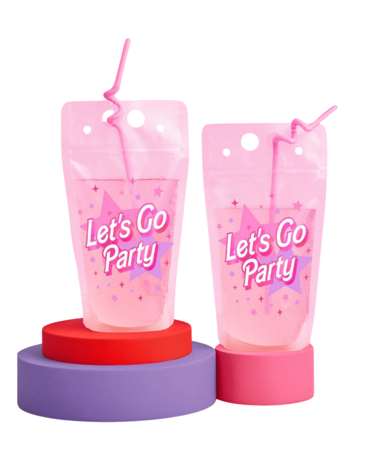 Pink "Let's Go Party" Barbie Birthday Drink Pouches with Twirly Straws