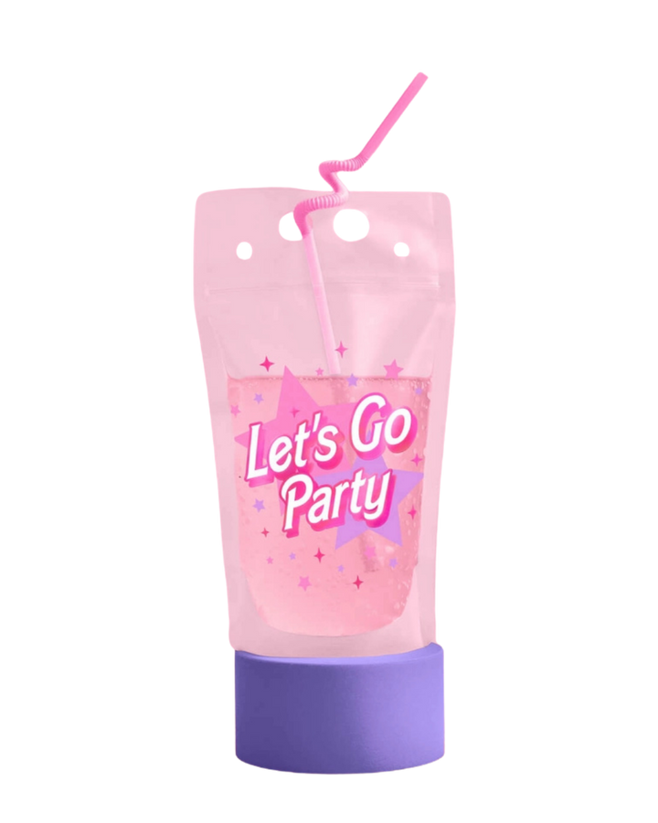 Pink "Let's Go Party" Barbie Birthday Drink Pouches with Twirly Straws