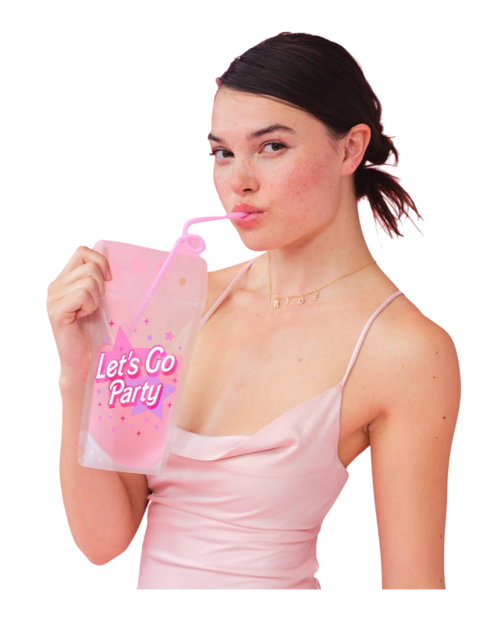 Pink "Let's Go Party" Barbie Birthday Drink Pouches with Twirly Straws