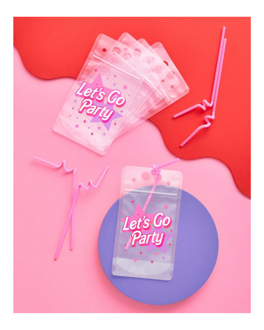Pink "Let's Go Party" Barbie Birthday Drink Pouches with Twirly Straws