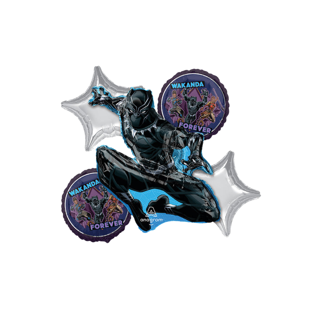 Black and silver Wakanda Forever balloon bouquet for superhero birthday from Parte Haus party supply store in Bethesda Maryland
