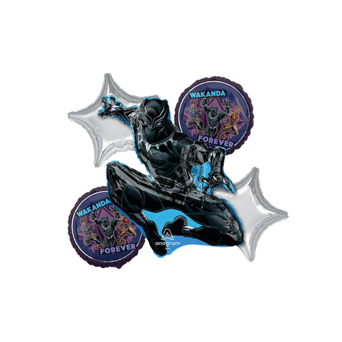 Black and silver Wakanda Forever balloon bouquet for superhero birthday from Parte Haus party supply store in Bethesda Maryland
