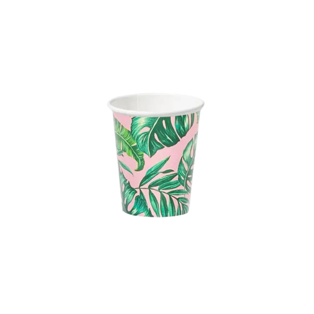 Pink green tropical paper cup with palm leaf print summer theme from Parte Haus party supply store in Bethesda MD