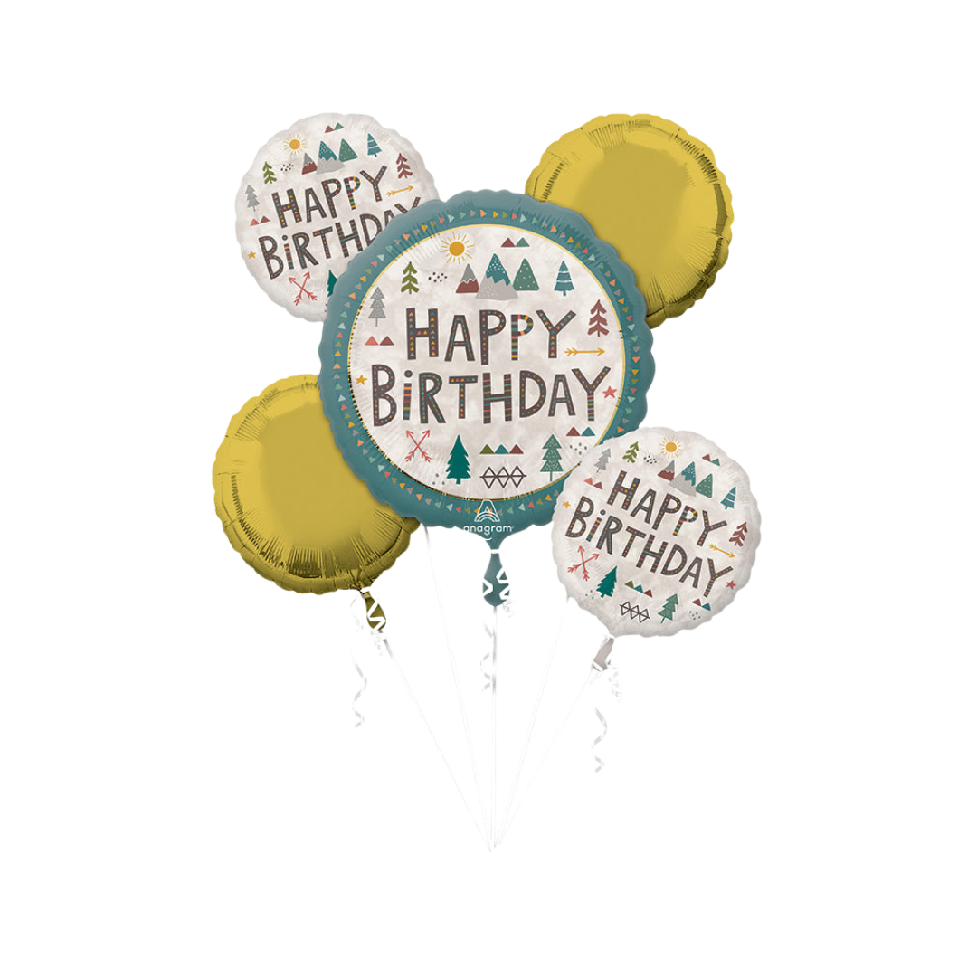 Gold and white Happy Birthday balloon bouquet with forest design for birthday from Parte Haus party supply store in Bethesda MD