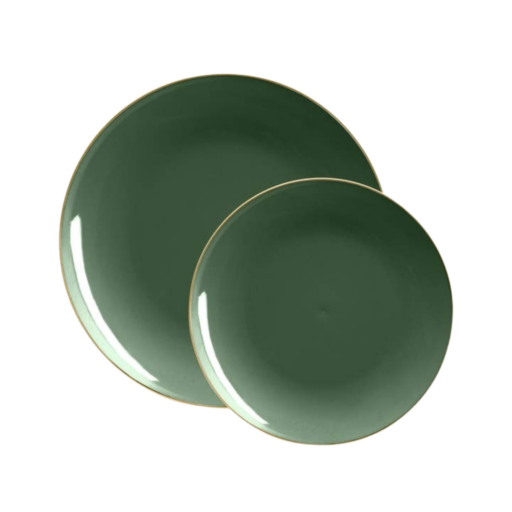 Green plate set with gold rim elegant dinnerware from Parte Haus party supply store in Bethesda Maryland