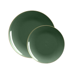Green plate set with gold rim elegant dinnerware from Parte Haus party supply store in Bethesda Maryland