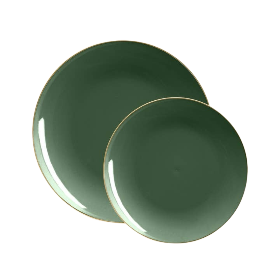 Green plate set with gold rim elegant dinnerware from Parte Haus party supply store in Bethesda Maryland