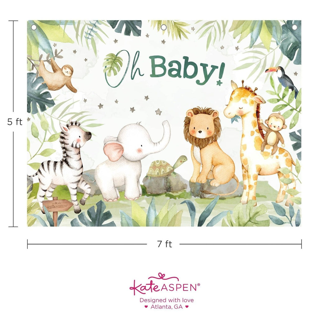 Green and white baby shower backdrop with cute jungle animals Oh Baby theme from Parte Haus party supply store in Bethesda MD